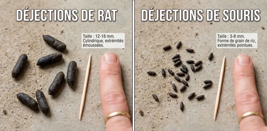 Comparaison des déjections de rat et de souris avec échelle