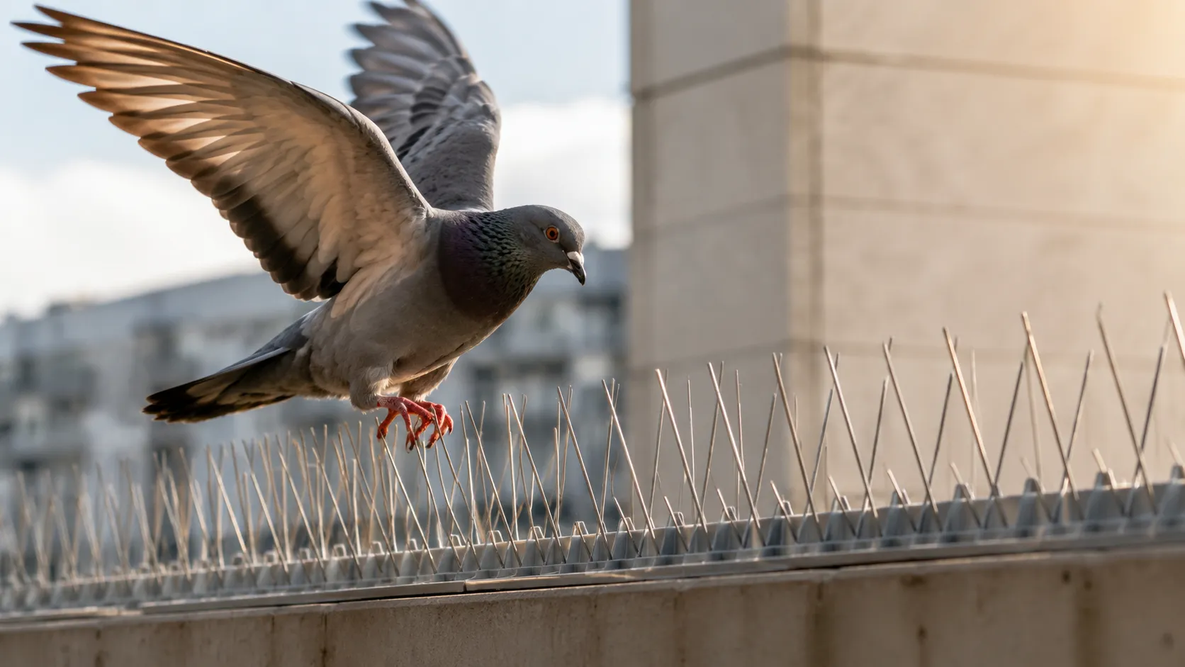 Pics anti-pigeons inoxydables installés sur une corniche